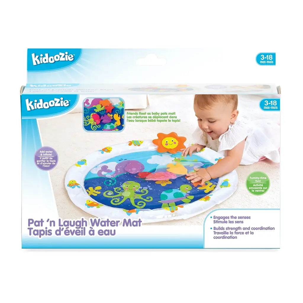 Kidoozie Pat 'n Laugh Water Mat packaging shows a smiling baby using the inflatable water play mat with floating sea creatures, designed for ages 3–18 months to build coordination.