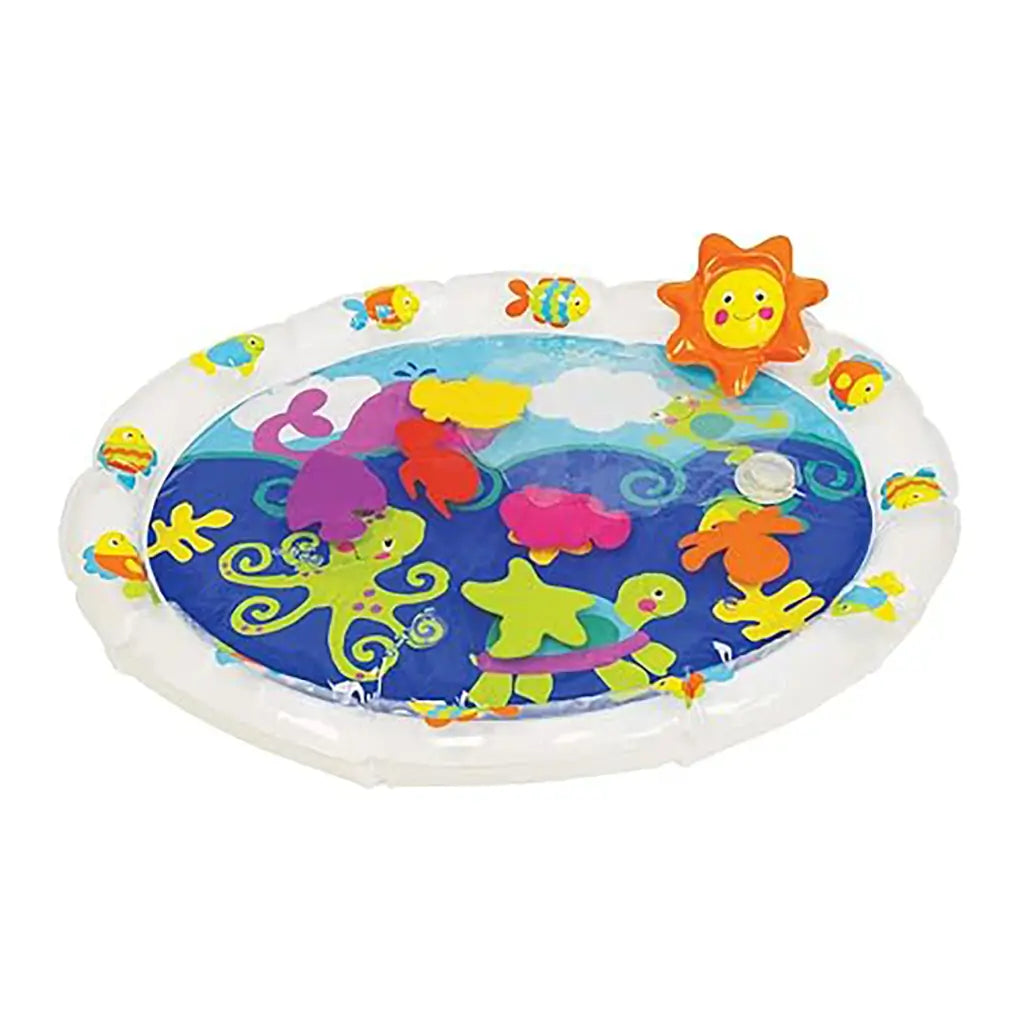 Kidoozie Pat 'n Laugh Water Mat shown inflated, with playful sea creatures like octopus, turtle, and fish floating in blue water design bordered by colorful cartoon fish.