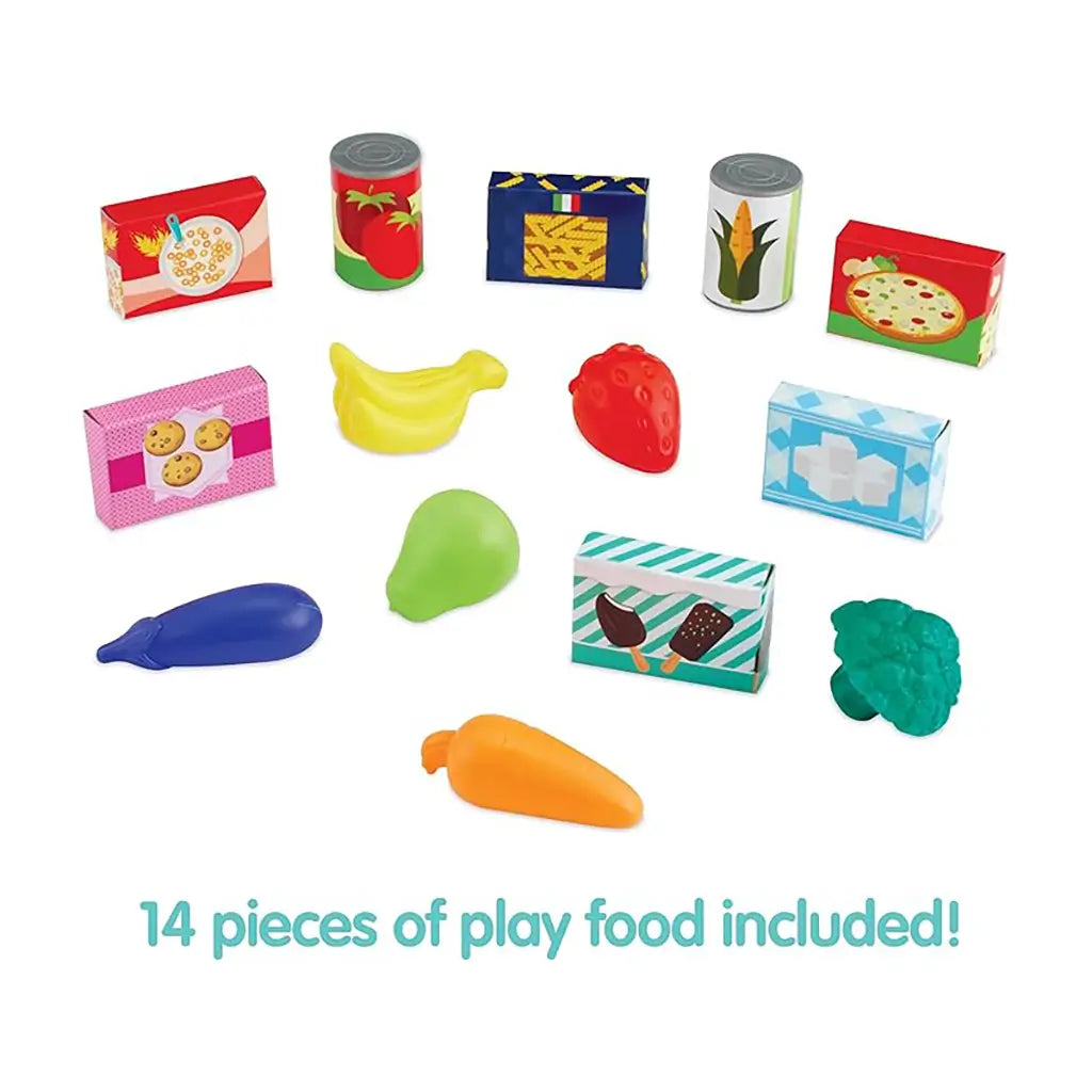Set of 14 Kidoozie pretend food items including toy bananas, strawberry, carrot, broccoli, canned goods, cereal box, cookies, and more, displayed on white background with text.