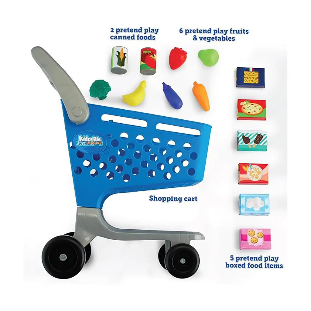 Blue Kidoozie shopping cart with gray handle and wheels displayed alongside 2 play cans, 6 colorful toy fruits and vegetables, and 5 pretend food boxes arranged neatly.