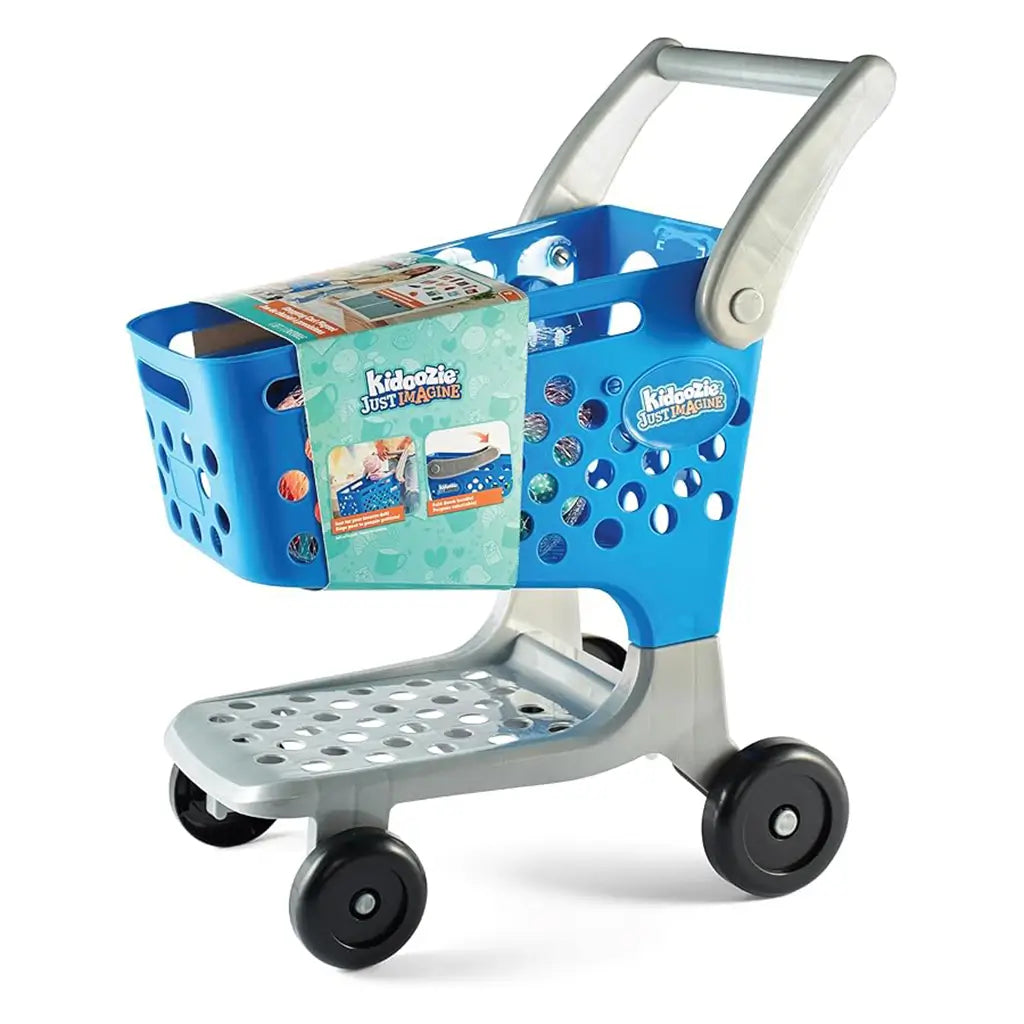 Kidoozie Just Imagine shopping cart playset features a blue plastic toy cart with gray handle, black wheels, and included play food, shown with packaging attached to the basket.