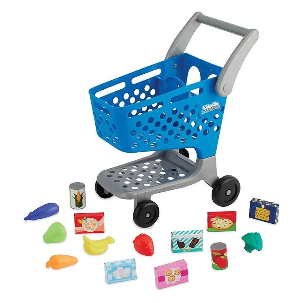 Kidoozie Just Imagine shopping cart playset shown with 14 play food pieces, including fruits, vegetables, cans, and boxes, spread around the blue cart with black wheels.