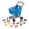 Kidoozie Just Imagine shopping cart playset shown with 14 play food pieces, including fruits, vegetables, cans, and boxes, spread around the blue cart with black wheels.