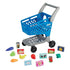 Kidoozie Just Imagine shopping cart playset shown with 14 play food pieces, including fruits, vegetables, cans, and boxes, spread around the blue cart with black wheels.