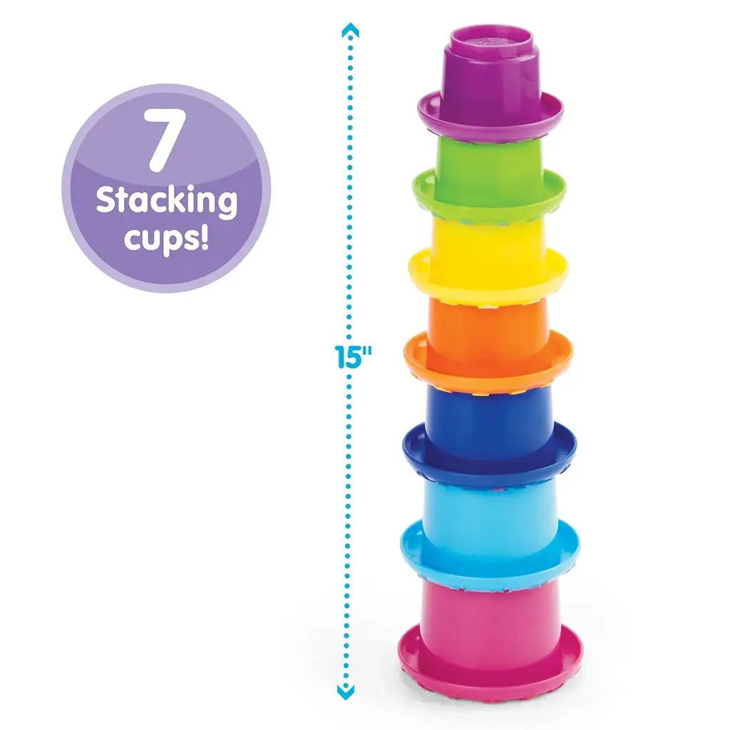 Colorful Kidoozie stacking cups tower shown in rainbow order from purple to pink, stacked to 15 inches high, highlighting seven durable plastic cups designed for toddler learning and fun.