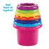 Colorful Kidoozie Stack 'n Nest Cups neatly nested together, with bright purple, green, yellow, orange, blue, and pink rims stacked for compact storage and easy toddler play.