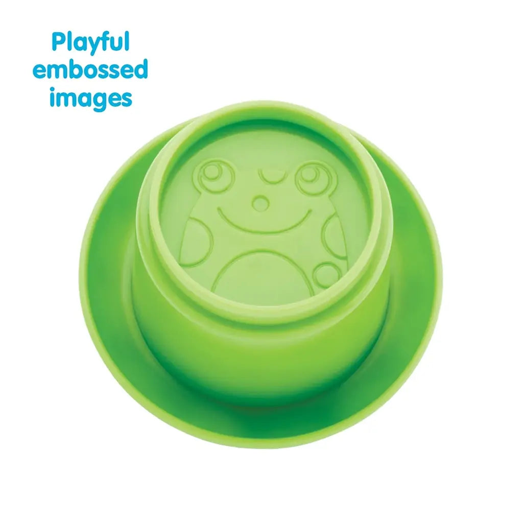 Bright green Kidoozie stacking cup with embossed smiling frog design on the base, adding tactile detail for sensory play and encouraging toddlers’ visual and touch recognition.