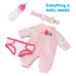 Sweetie Doll accessories include a pink floral sleeper outfit, diaper, matching bow headband, and pink baby bottle, displayed neatly with text reading "Everything a baby needs!"