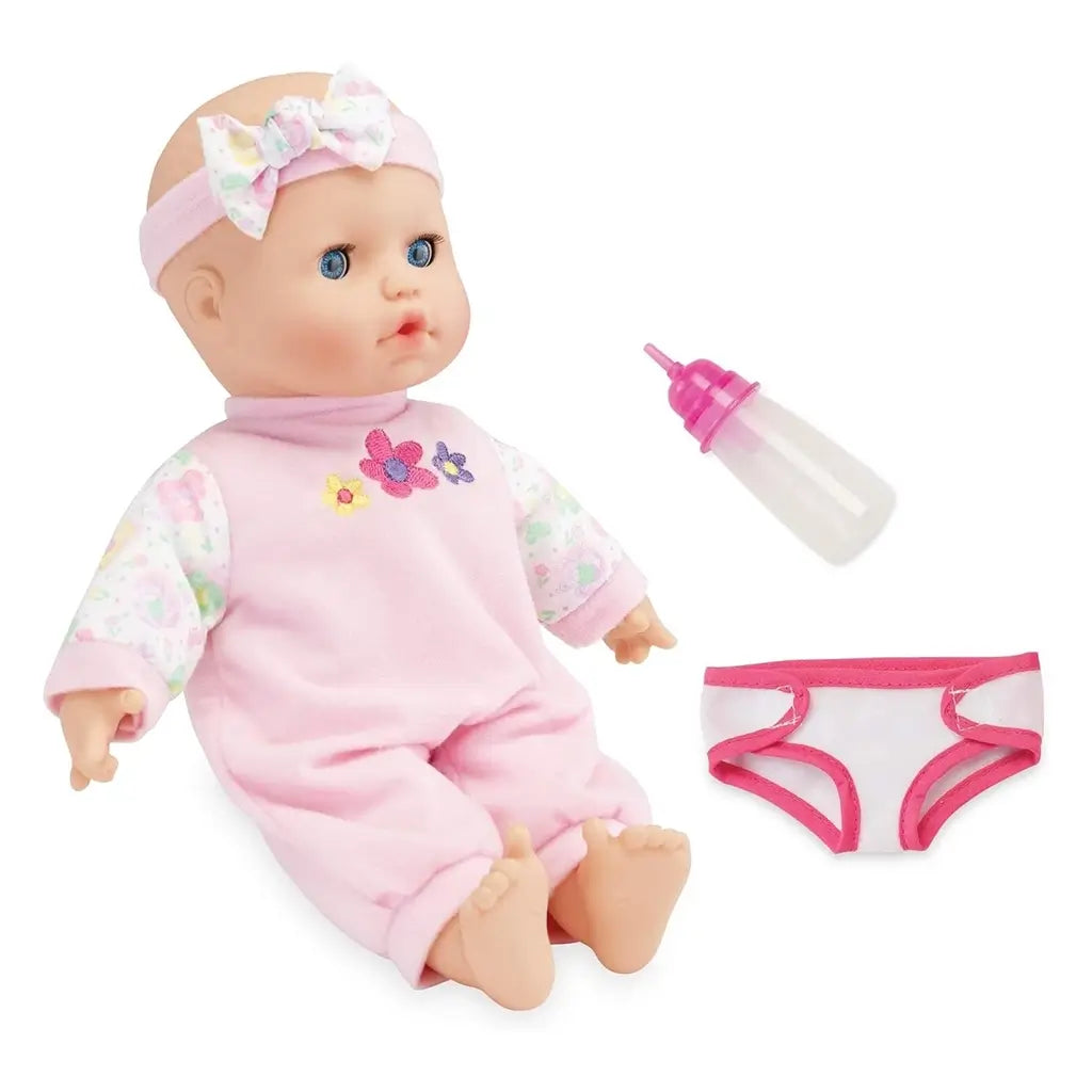 Kidoozie Sweetie Doll with blue eyes sits upright in pink floral embroidered pajamas, shown with included white diaper and pink baby bottle against a white background.