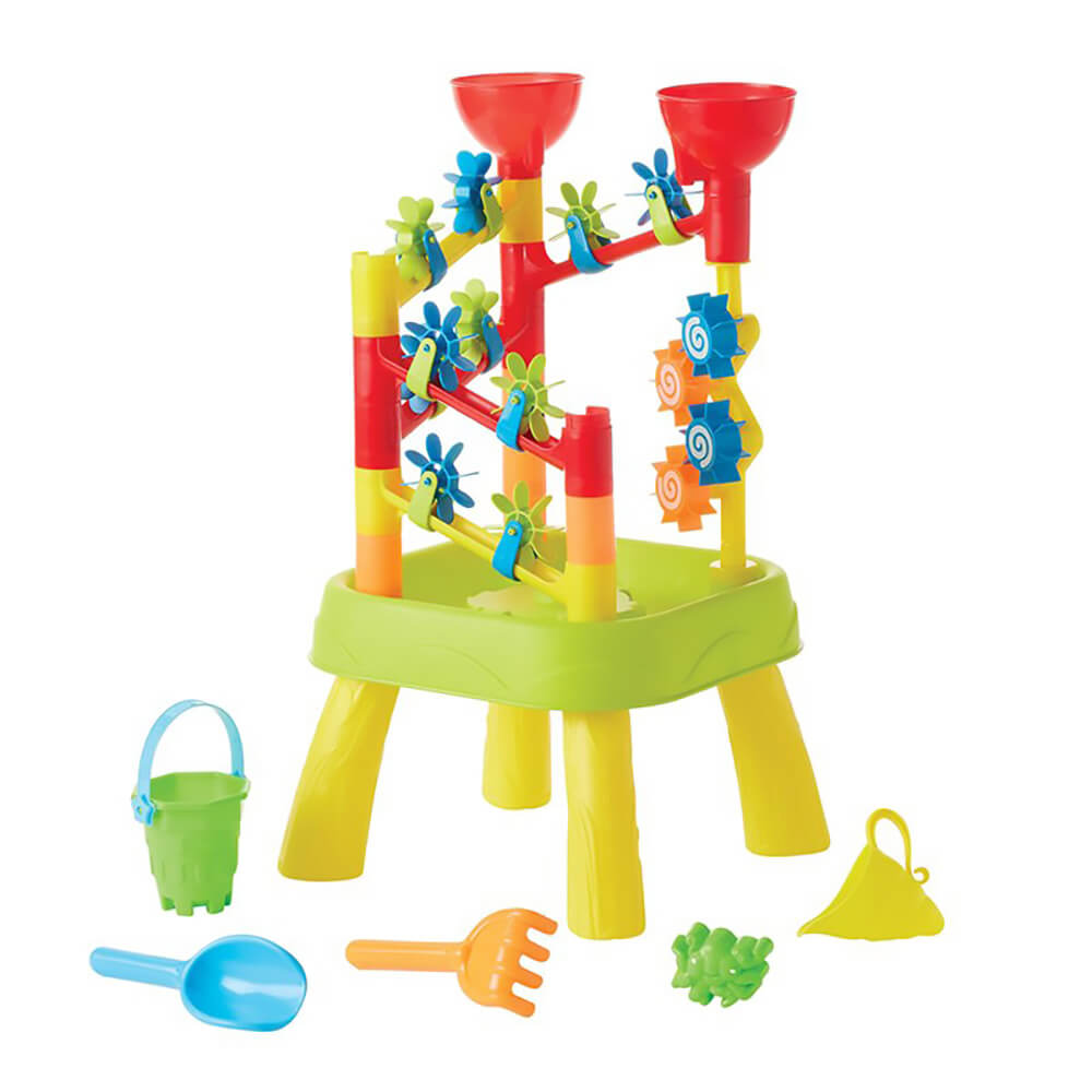 Kidoozie Water Tower Playset assembled with bright red, yellow, and green frame, dual funnels, blue spinning wheels, and accessories including bucket, rake, scoop, and sand molds.