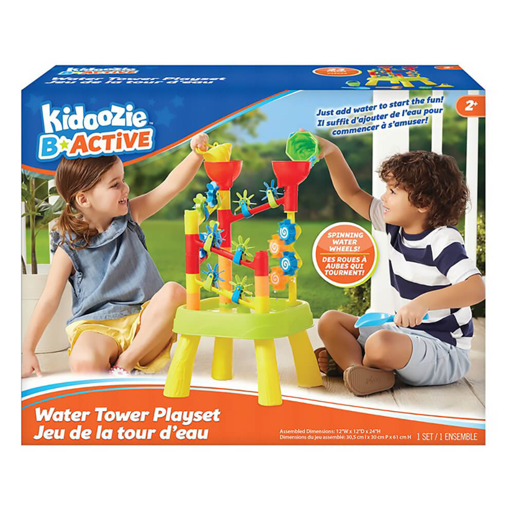 Kidoozie B*Active Water Tower Playset packaging showing two kids playing with the colorful outdoor water toy featuring spinning water wheels and bright plastic construction.