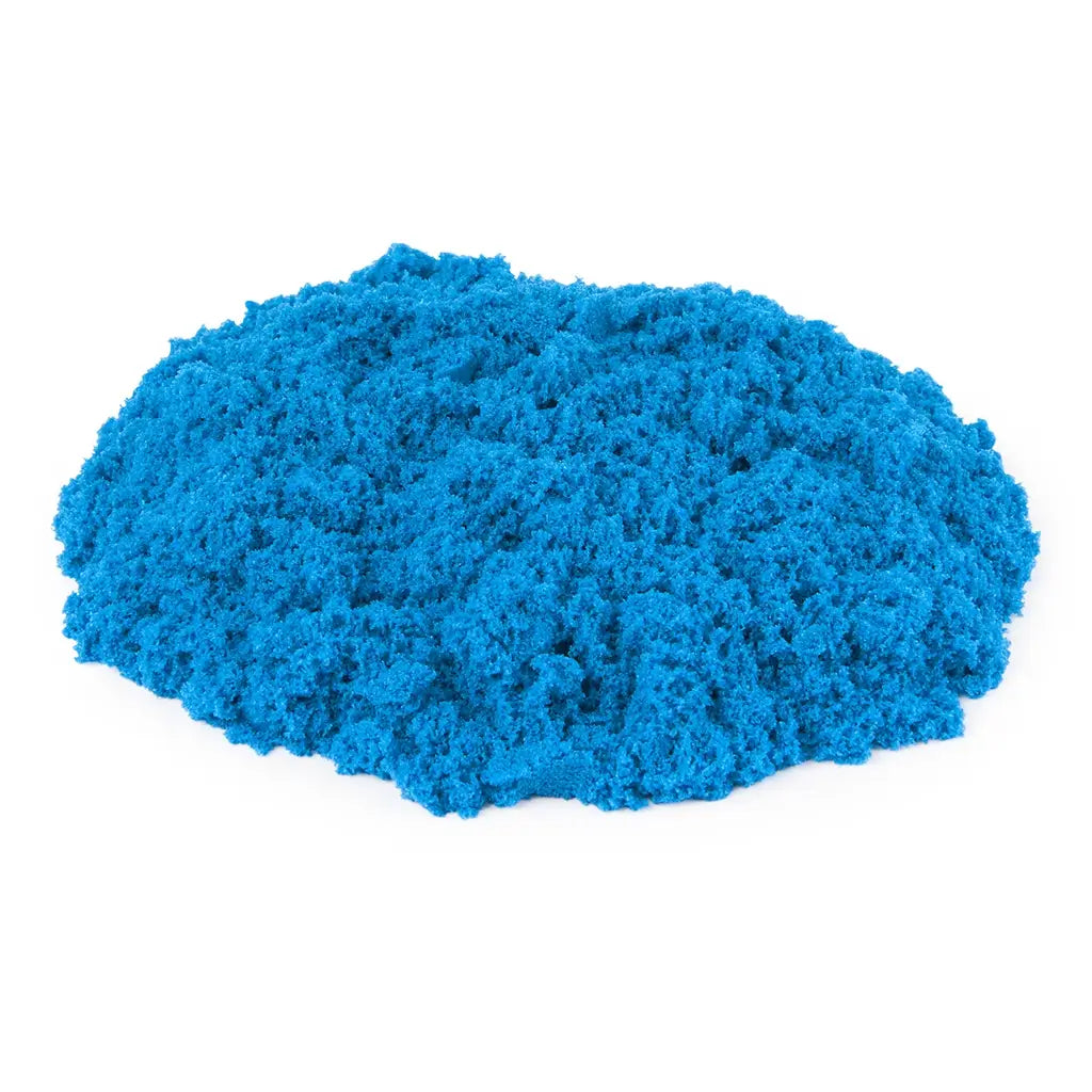 kinetic sand neon blue sand bright blue soft crumbly texture forming a low rounded mound shape for creative molding and tactile sensory play, set on a plain white background