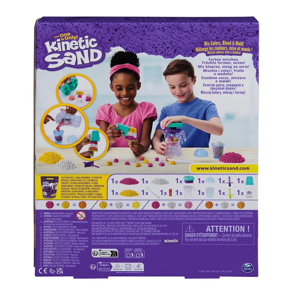 Kinetic Sand Smoothie Mixer playset package back with purple design, photos of children playing, step-by-step visuals, multilingual instructions, and contents list explaining mixing and molding sand activities.