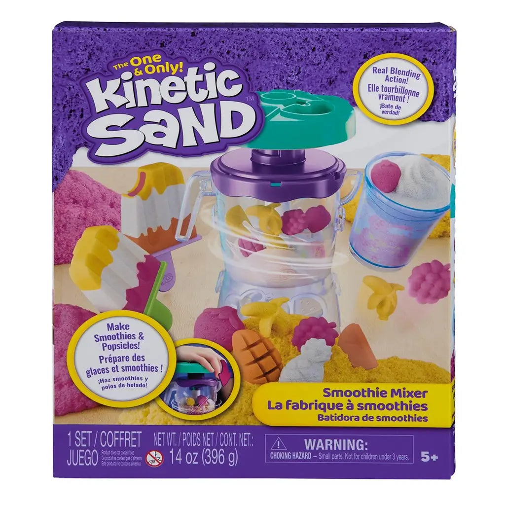Kinetic Sand Smoothie Mixer playset package front showing purple box, clear blender toy, colorful kinetic sand smoothies, popsicle molds, feature callouts, and branding for creative sensory play.