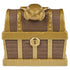 Brown and gold Kinetic Sand toy treasure chest with faux wood texture, metallic bands, skull latch, and lock detail, closed and centered to show pirate treasure theme on a clean white background.