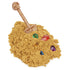 Gold shimmer Kinetic Sand piled in a mound with embedded colorful plastic gems and a skull-handled shovel, showing soft moldable texture for sensory treasure digging play on a white background.