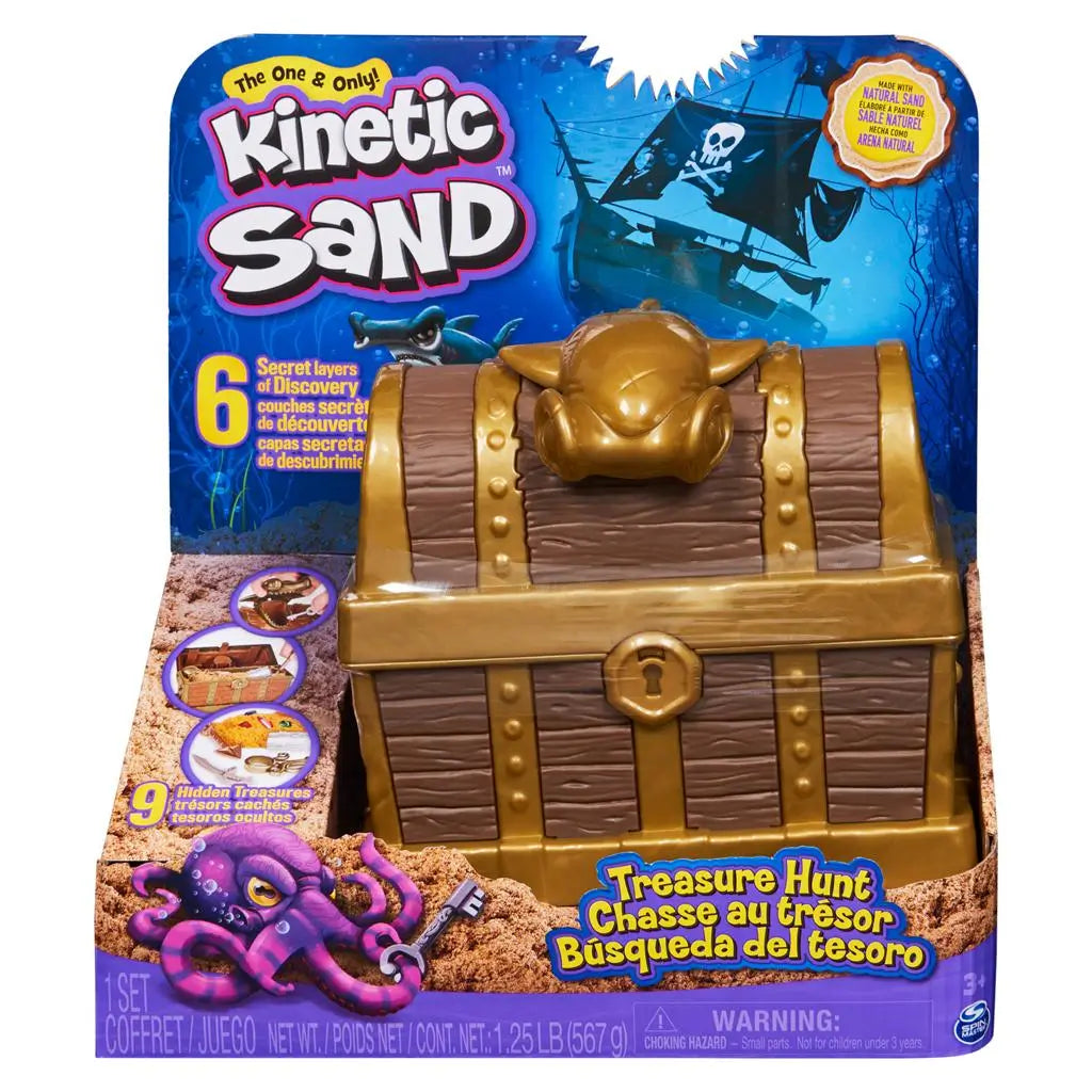 Kinetic Sand Treasure Hunt playset packaging with blue ocean backdrop, pirate ship graphic, brown and gold toy chest, feature callouts, and illustrated octopus, designed for kids sensory sand play.
