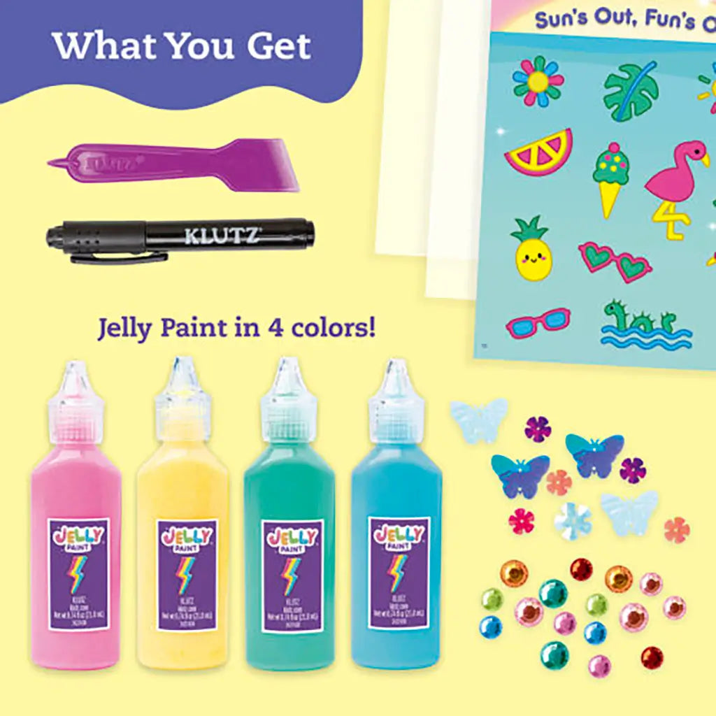 Klutz Jelly Stickers contents include four jelly paint bottles, rhinestones, sequins, plastic sheets and tools laid out on a pastel background emphasizing the vibrant materials provided for creative sticker making.