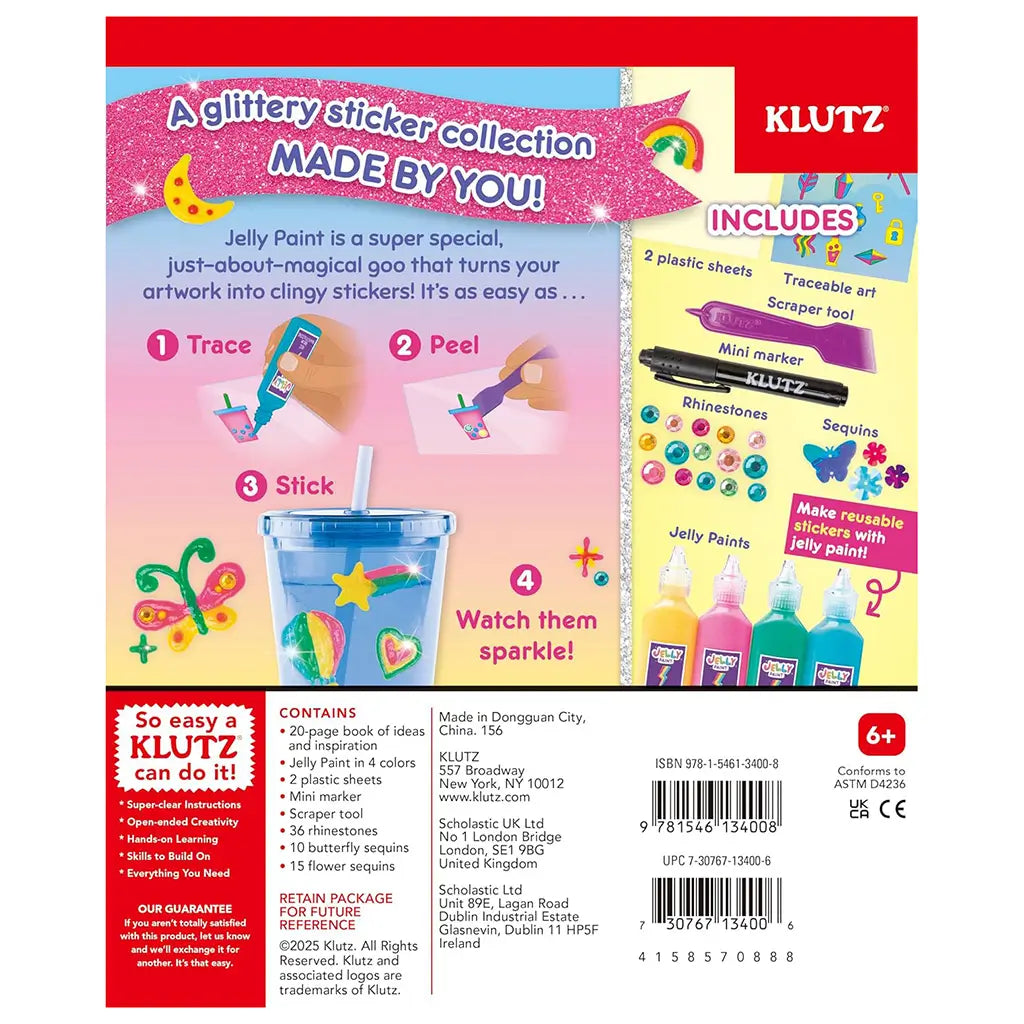 Klutz Jelly Stickers package back features step-by-step illustrations, supply list and bright icons on a pastel layout that explains how to trace, peel and stick reusable glittery designs using included materials.