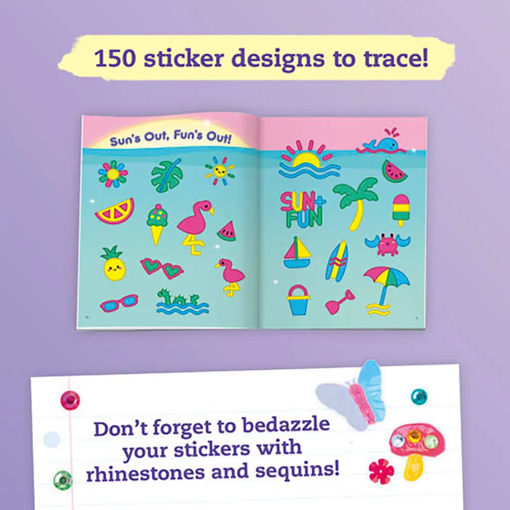 Klutz Jelly Stickers design book spread features cheerful summer icons such as flamingos, fruit slices and sunshine art on a pastel page, offering over a hundred traceable outlines for crafting bright jelly stickers.