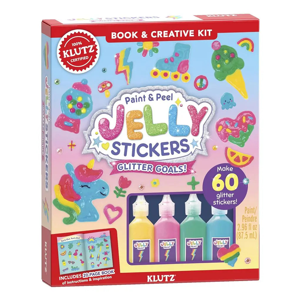 Klutz Jelly Stickers kit shows a colorful boxed set with pastel background, glittery sample stickers, and four bright jelly paint bottles, presenting a creative craft activity for making reusable designs.