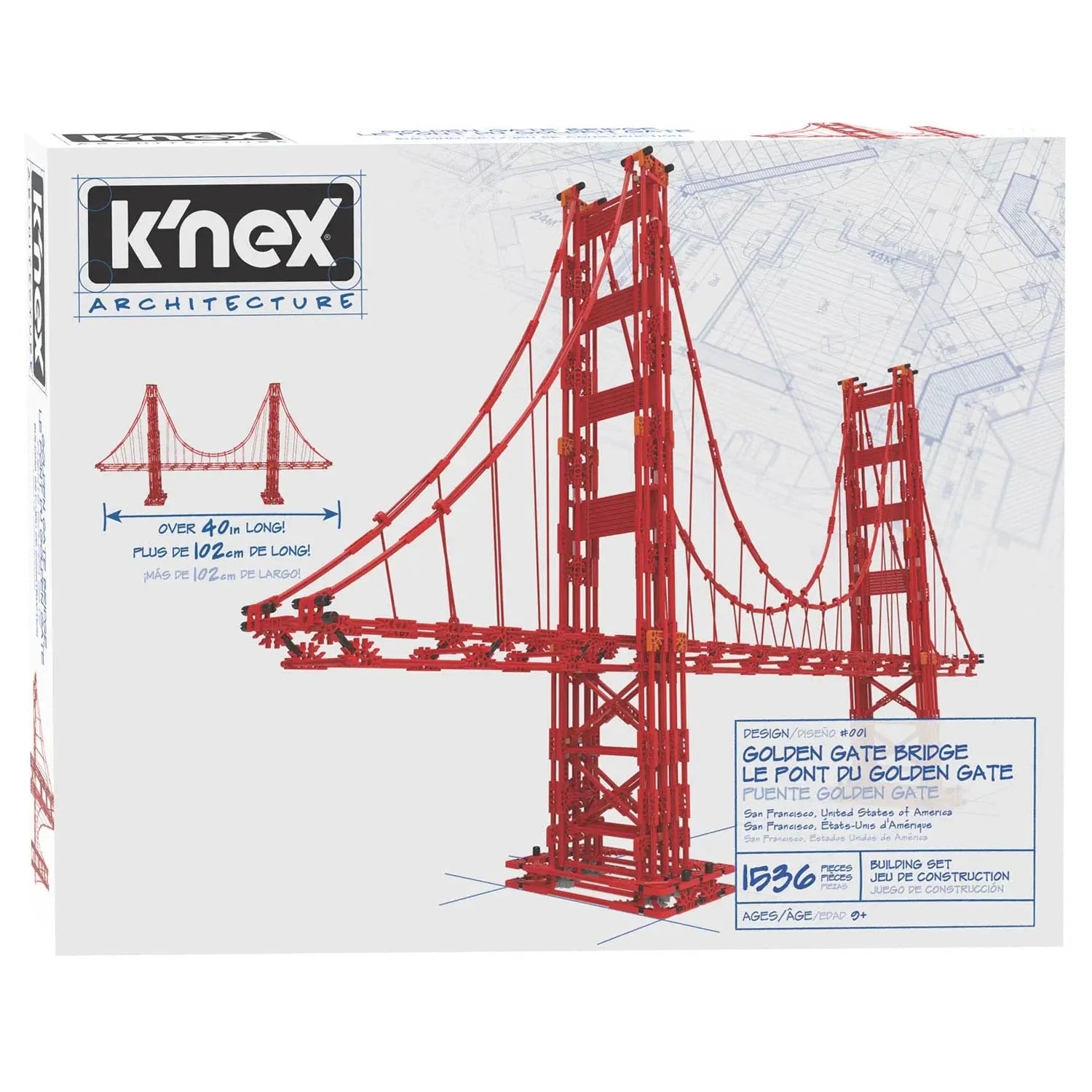 K'NEX Architecture Golden Gate Bridge building set packaging featuring a realistic red suspension bridge model over 40 inches long with 1,536 pieces.