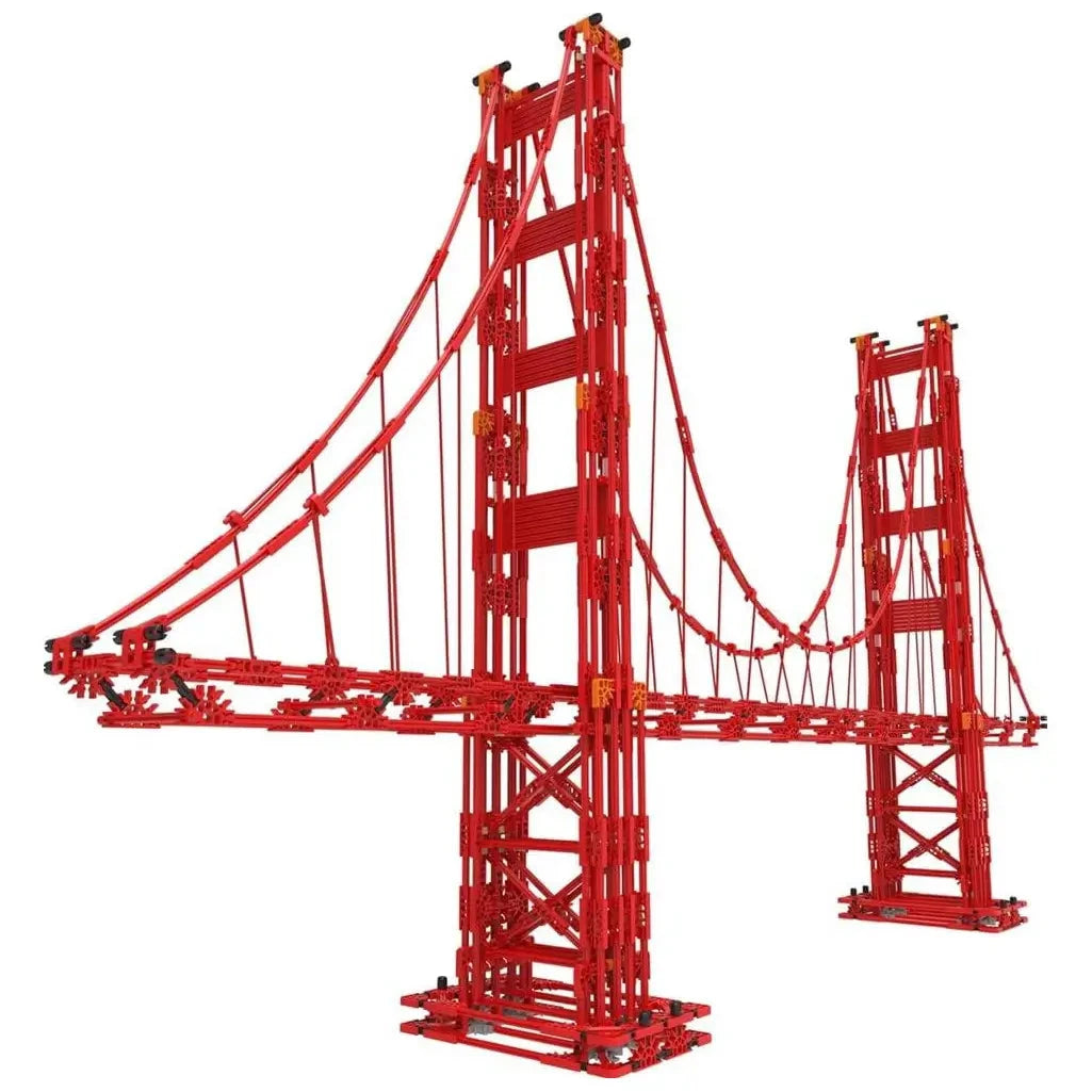 Assembled K'NEX Architecture Golden Gate Bridge model in bright red with detailed suspension cables, towers, and realistic structural elements for display.
