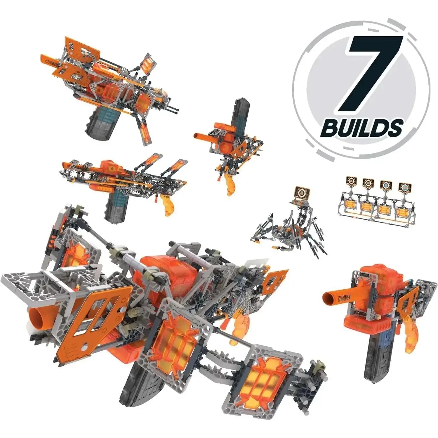 Multiple build configurations from the K'NEX Cyber-X C10 set, showing seven unique blaster-style models with bright orange and gray pieces and dart targets.