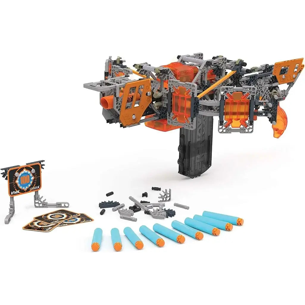 K'NEX Cyber-X C10 model with foam darts, spare parts, and target cards included for interactive play and customizable building options.