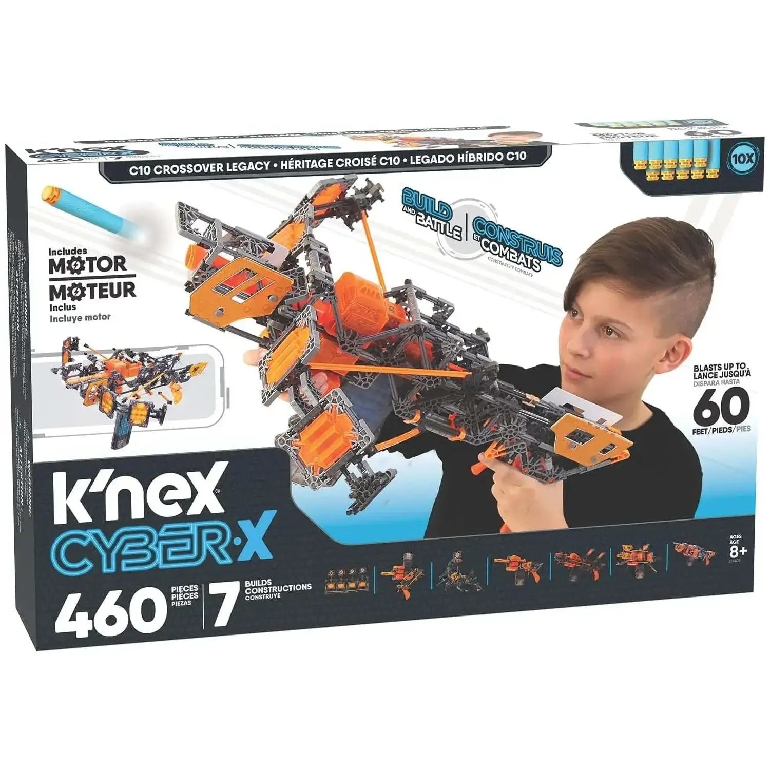 K'NEX Cyber-X C10 Crossover Legacy building set packaging with 460 pieces, 7 build options, a working motor, and a boy aiming a large blaster model that fires darts.