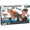 K'NEX Cyber-X C10 Crossover Legacy building set packaging with 460 pieces, 7 build options, a working motor, and a boy aiming a large blaster model that fires darts.