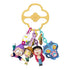 KPop Demon Hunters mini figure keychains hang from a yellow plastic quatrefoil ring, with four colorful character charms and small accessories displayed on a white background.