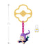 KPop Demon Hunters mini figure keychain has a yellow plastic quatrefoil ring, magenta chain and purple-haired character charm, shown with a small white companion on white.