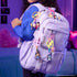 KPop Demon Hunters mini figure keychains in bright plastic colors decorate a lavender backpack, with character charms hanging from zippers in a purple-lit room.