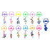 KPop Demon Hunters mini figure collection features colorful plastic character keychains in purple, pink, yellow, green and blue, arranged in two rows on white.