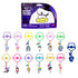 KPop Demon Hunters Hello Friend Mini Reveal collection shows colorful character keychains beneath purple retail packaging, with multiple figures and a mystery silhouette on white.