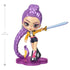 KPop Demon Hunters collectible figure in purple, yellow and black plastic depicts Rumi with a long braided ponytail and sword, posed on a purple base against white.