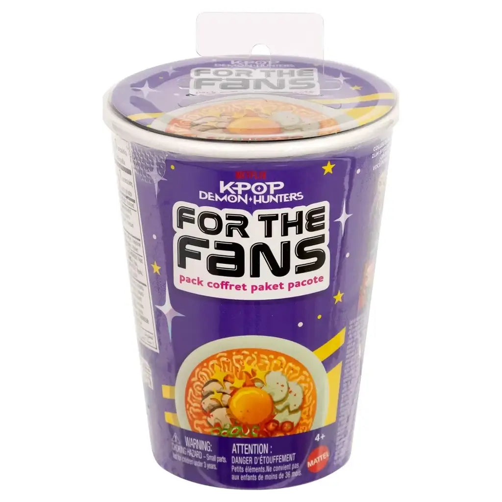 KPop Demon Hunters For the Fans surprise figure is packaged in a purple cylindrical ramen cup with food graphics, yellow accents and Mattel branding against a white background.