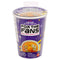 KPop Demon Hunters For the Fans surprise figure is packaged in a purple cylindrical ramen cup with food graphics, yellow accents and Mattel branding against a white background.