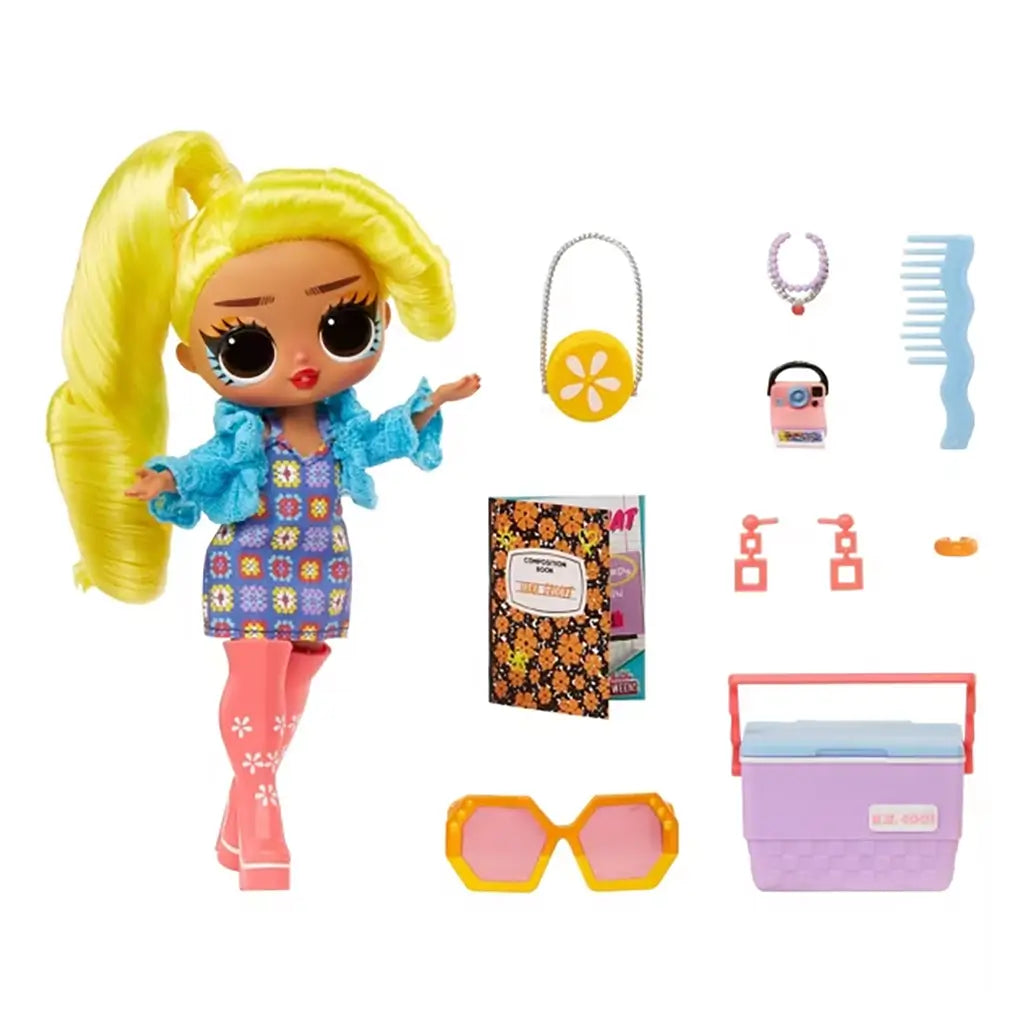 LOL Surprise Tweens Hana Groove doll with yellow hair and retro outfit surrounded by accessories including sunglasses, bag, boots, jewelry, comb, and notebook arranged neatly on white background.