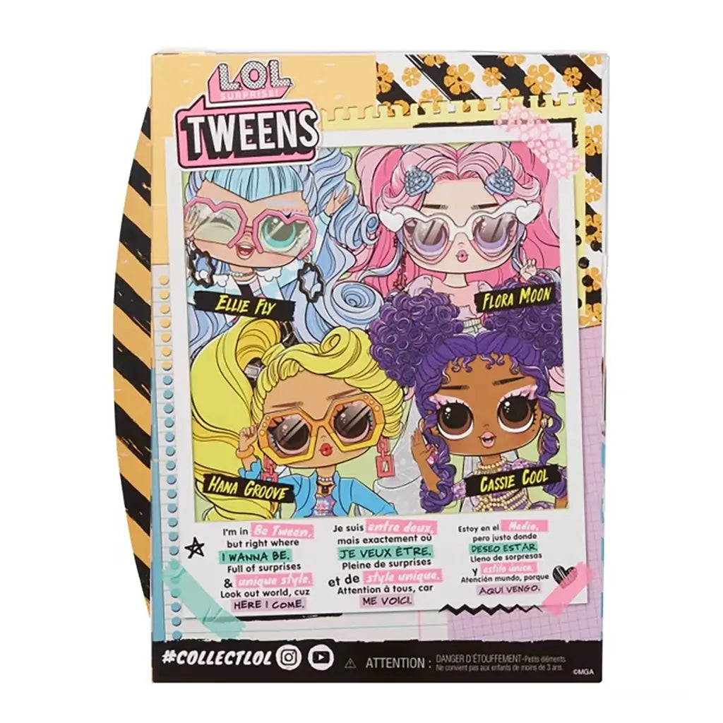 LOL Surprise Tweens box featuring colorful cartoon portraits of Hana Groove, Ellie Fly, Flora Moon, and Cassie Cool with playful pastel backgrounds and multilingual text about surprises and style.