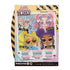 LOL Surprise Tweens box featuring colorful cartoon portraits of Hana Groove, Ellie Fly, Flora Moon, and Cassie Cool with playful pastel backgrounds and multilingual text about surprises and style.