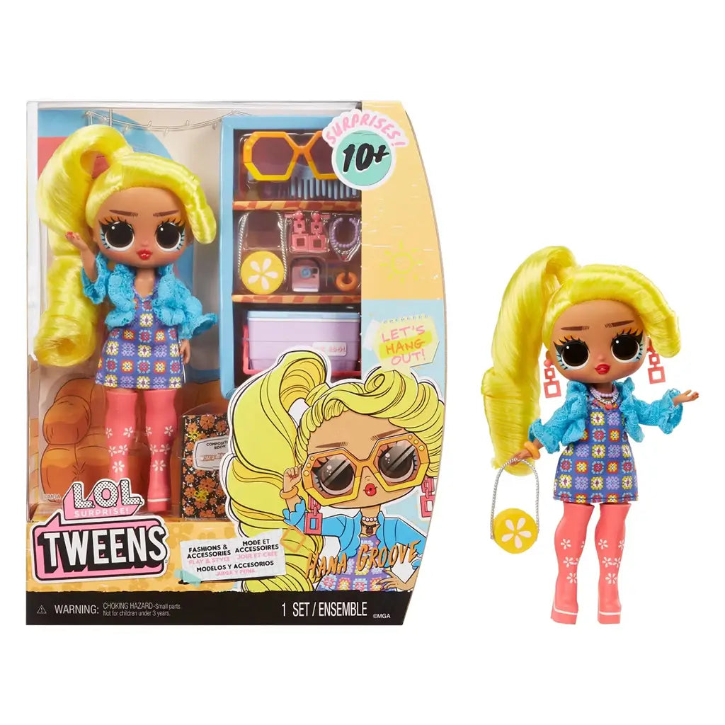 LOL Surprise Tweens Hana Groove doll displayed in retail packaging with bright yellow hair, accessories, and colorful outfit beside illustrated artwork and bold text reading “Let’s Hang Out.”