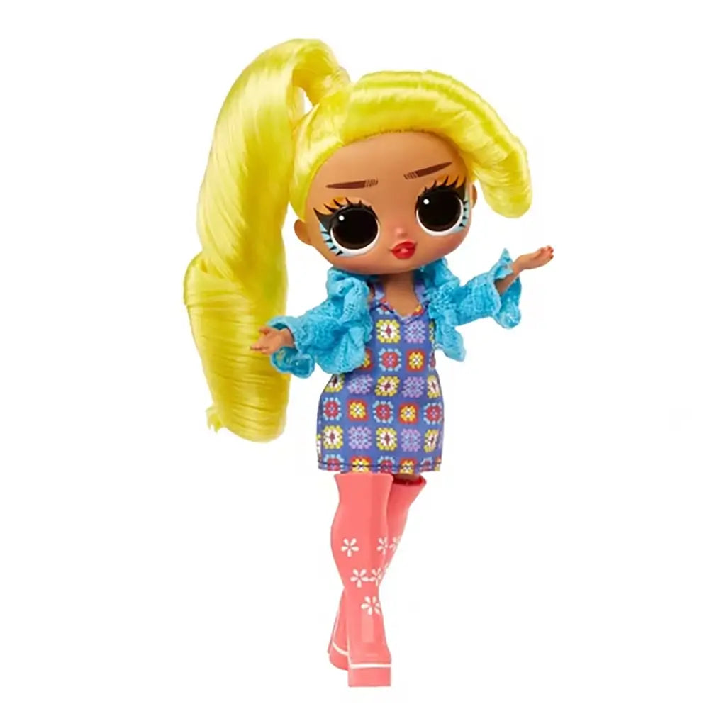 LOL Surprise Tweens Hana Groove fashion doll standing with one arm raised, wearing colorful retro-pattern dress, coral boots, and vibrant yellow ponytail styled high for a playful pose.