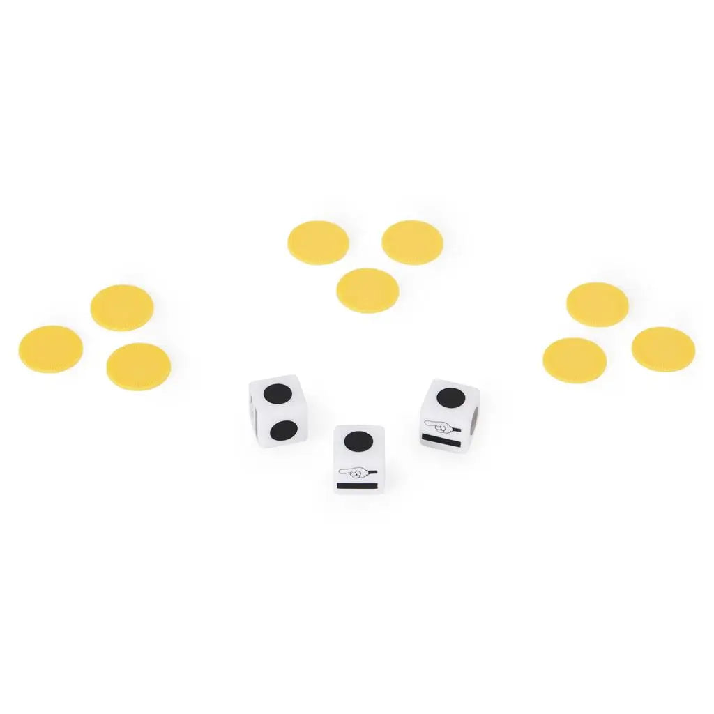 Left Center Right game components in yellow plastic including round chips and three white symbol dice, arranged in small piles on a plain white background.
