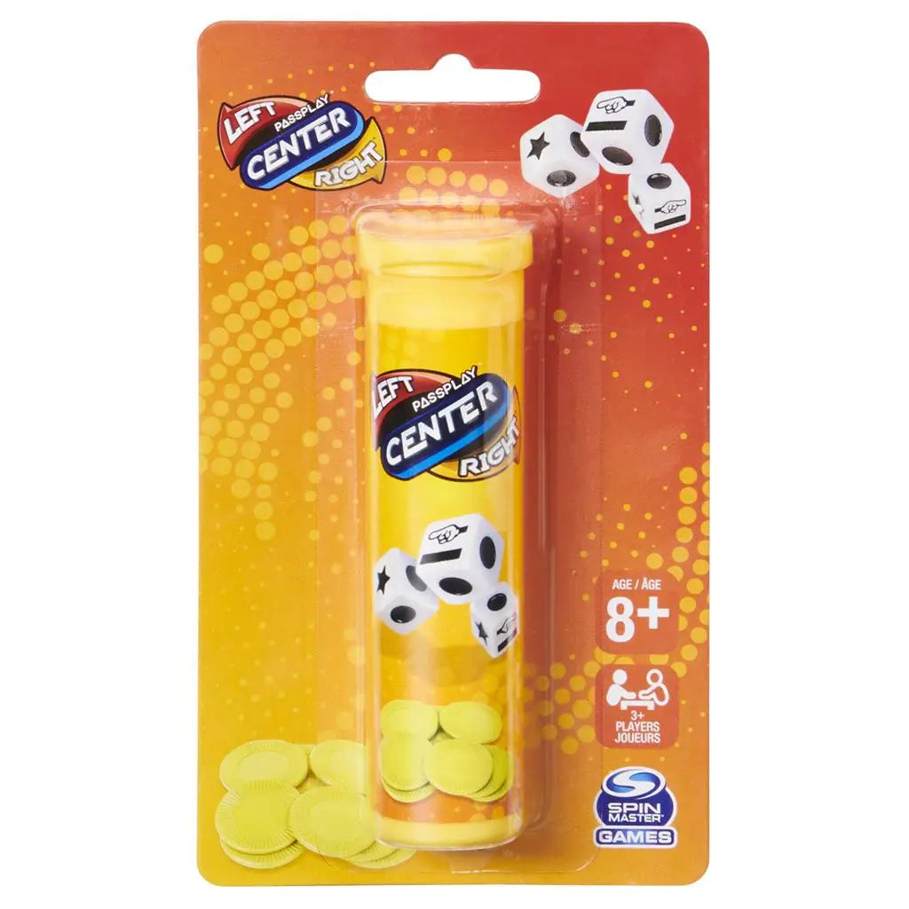 Spin Master Left Center Right dice game in yellow tube packaging with orange gradient card backing, showing white dice graphics, age 8+ label, and included chips.