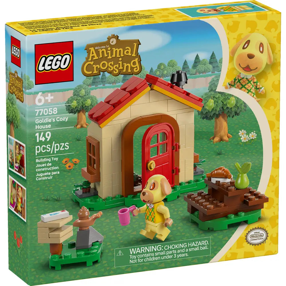 LEGO Animal Crossing Goldie's Cozy House box front displays yellow packaging with the tan cottage, Goldie character and outdoor accessories in a forest backdrop with detailed LEGO elements and realistic display presentation.