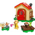 LEGO Animal Crossing Goldie's Cozy House playset features a tan cottage with a red roof, Goldie figure, mailbox and picnic table on a clean white background with detailed LEGO elements and realistic display presentation.