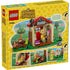 LEGO Animal Crossing Goldie's Cozy House box back shows yellow packaging with interior play features, customizable layout and character scenes in a woodland setting with detailed LEGO elements and realistic display presentation.