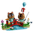 LEGO Animal Crossing Timmy & Tommy playset in red, green, blue, brown, and pink plastic features two raccoon figures on a bridge with flowers, stream, fishing rod, and balloon gift.
